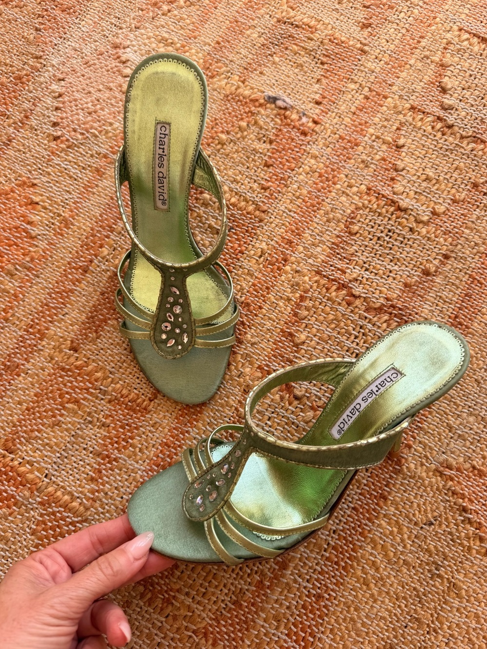 Vintage Y2K Charles David Sage Green Metallic Satin Strappy Sandals Sz 6.5 - Picture 6 of 9